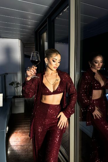 PUL PAYET 3 LÜ TAKIM - CEKET-BÜSTİYER-PANTOLON - Bordo resmi